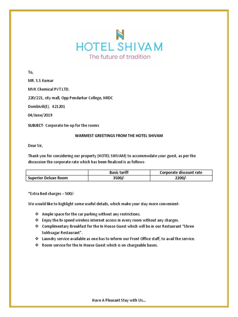 corporate tie up with hotel email