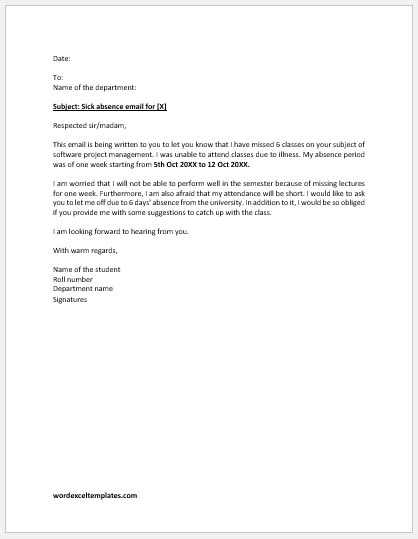 email to teacher about being sick