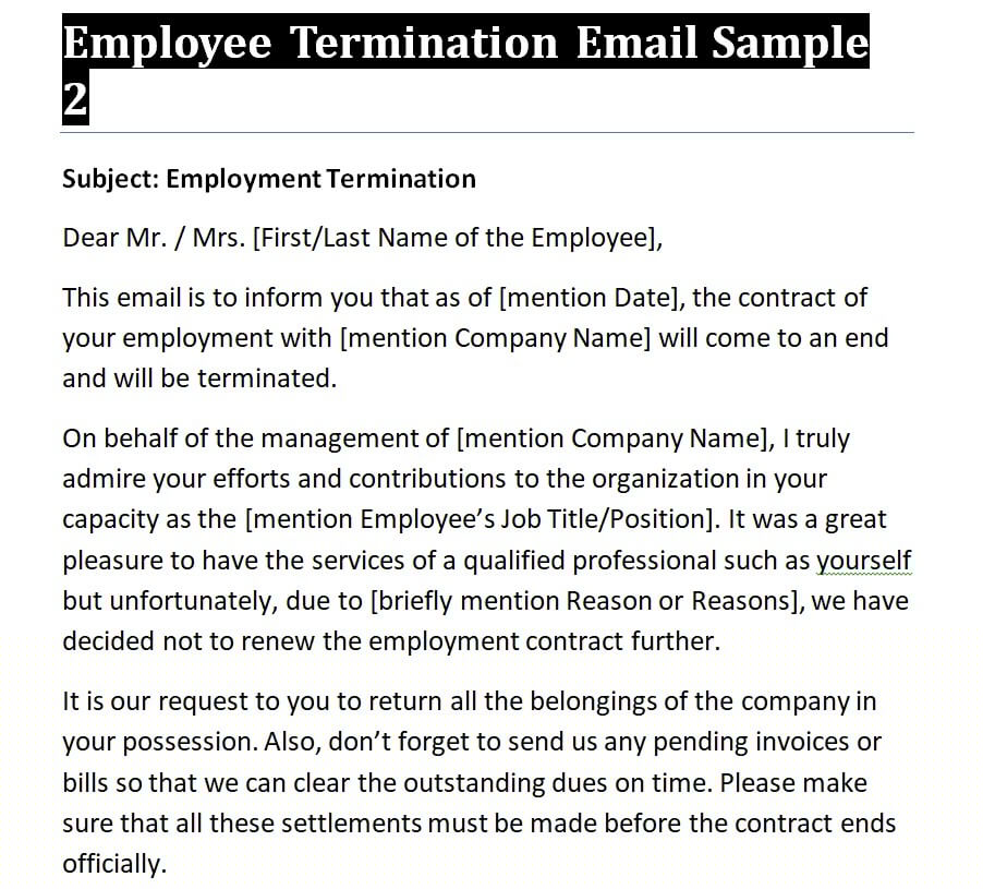 employee termination announcement email sample