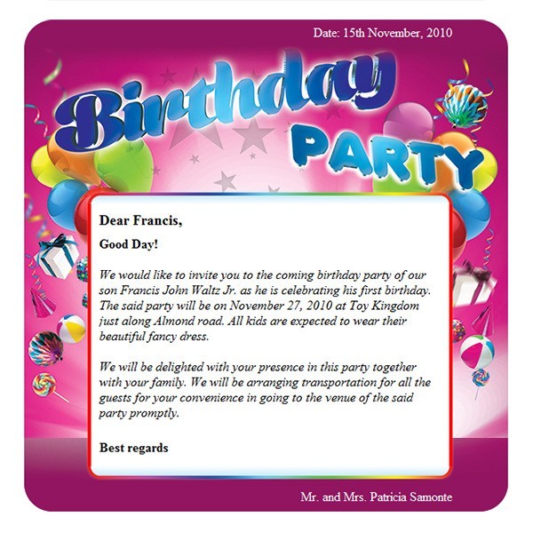 example email birthday party