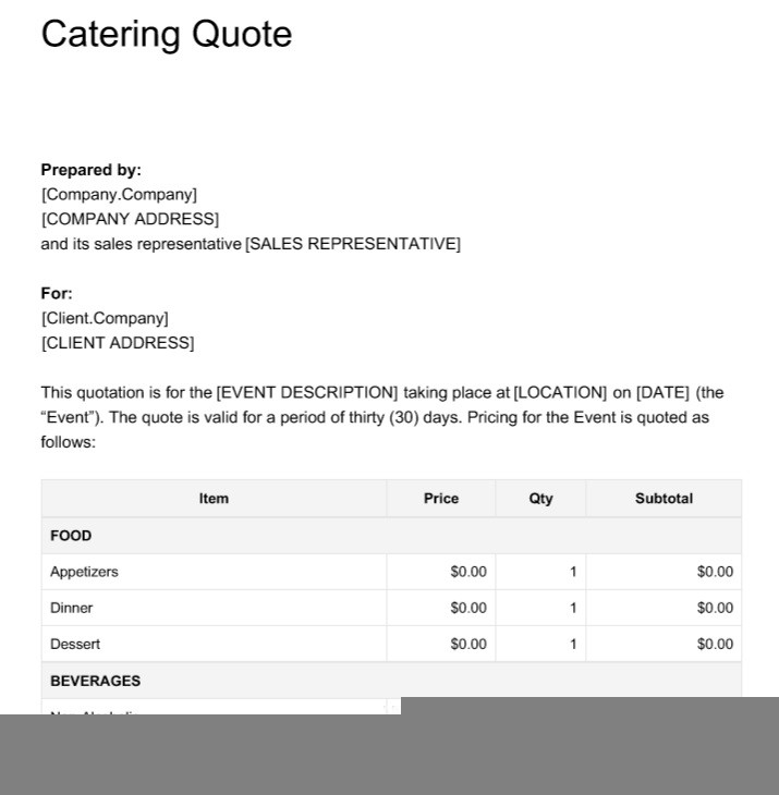 food catering quotation sample