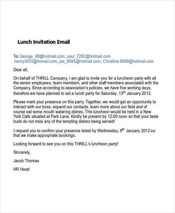 lunch meeting invitation email sample