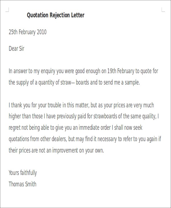 reject quotation email sample