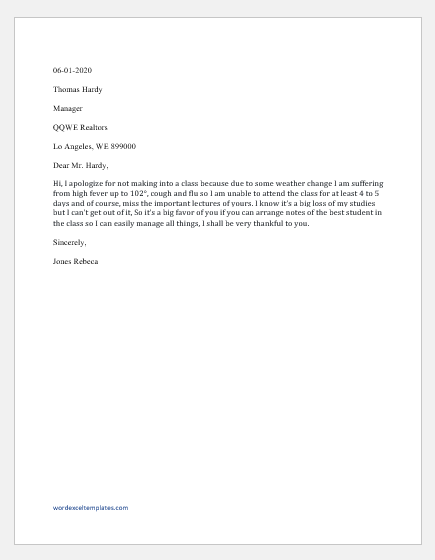 sample email for absence class