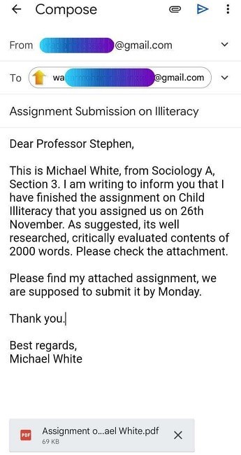 sample email for sending assignment to professor