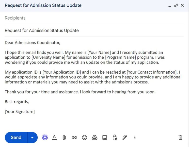 sample email to university asking for admission