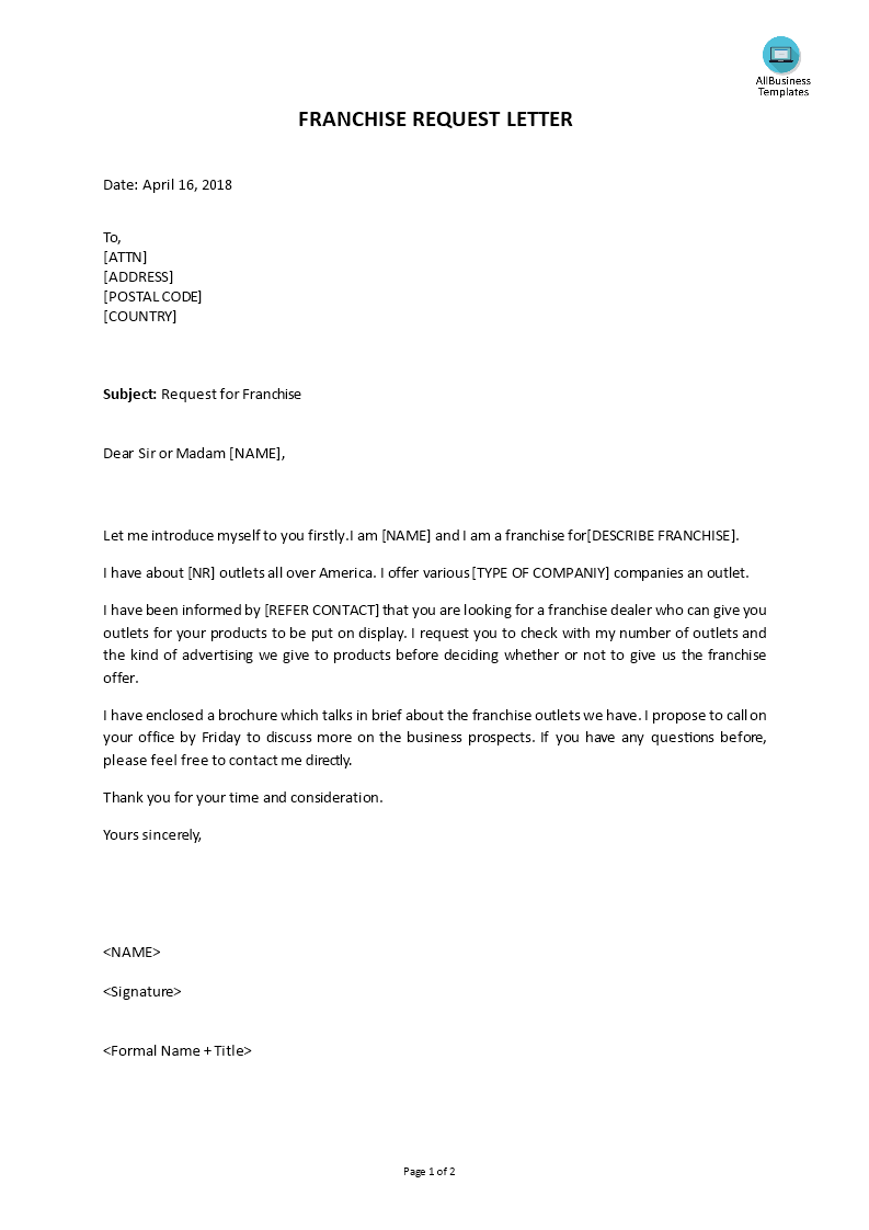 sample letter for franchise request