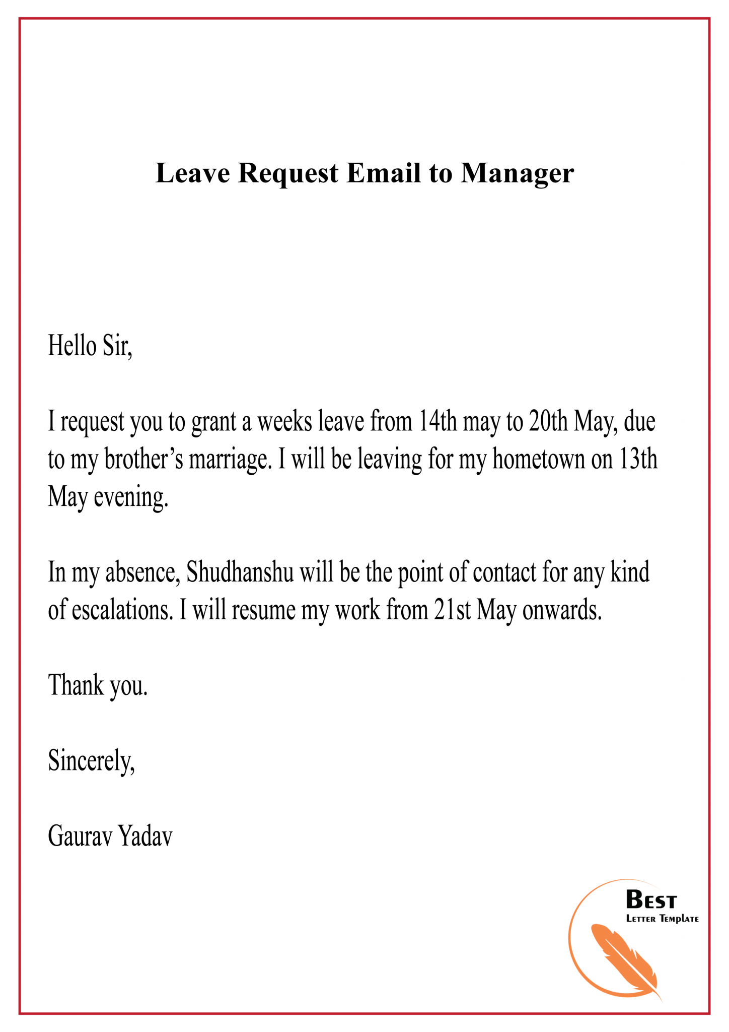 short birthday leave request mail to manager