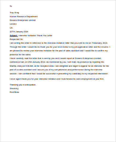 thank you letter for interview invitation