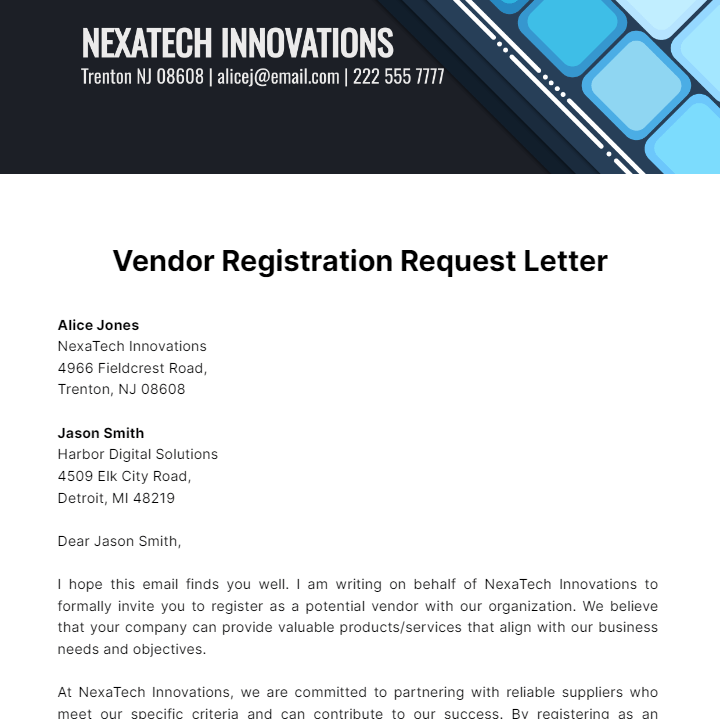 vendor registration request email to company