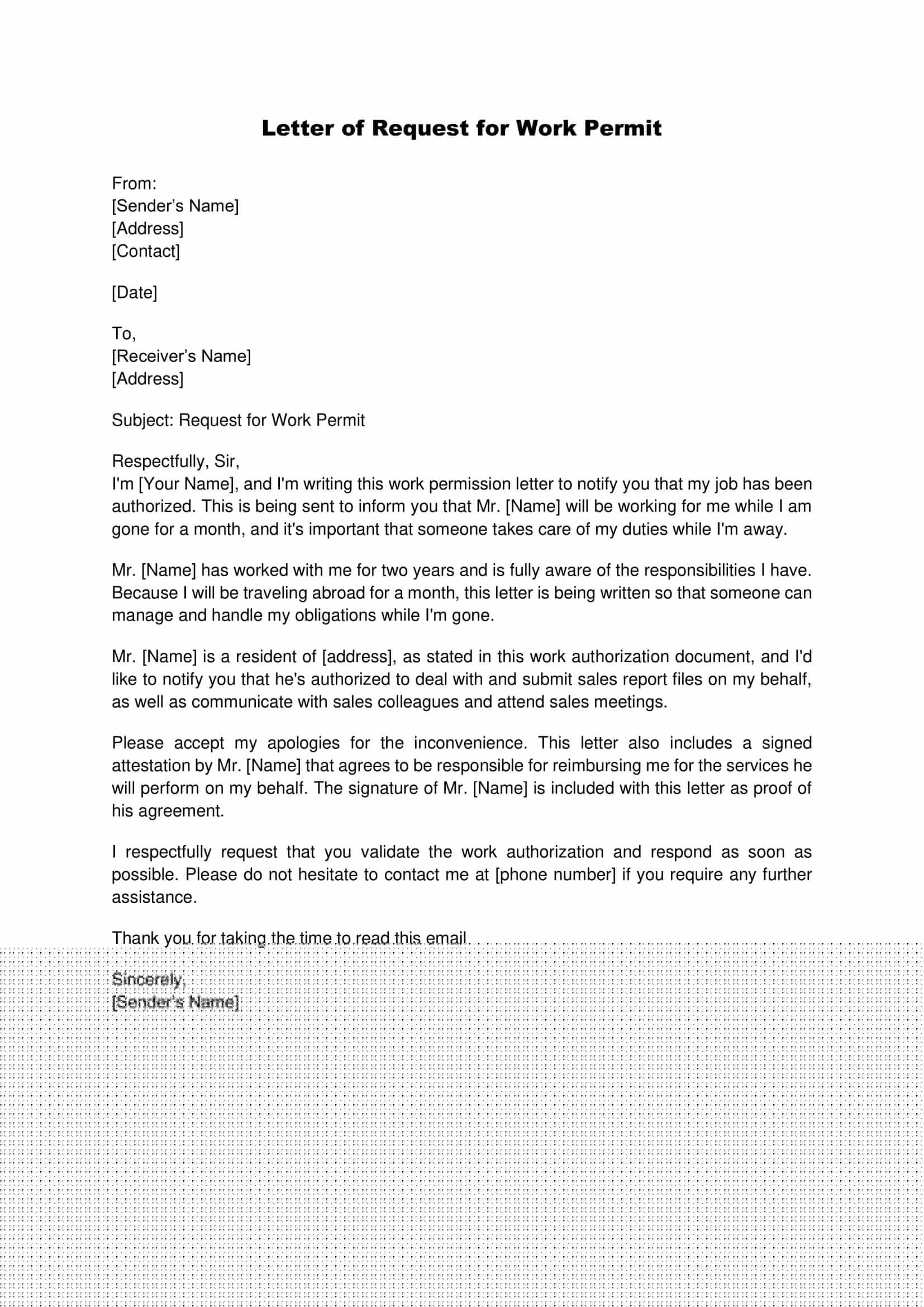 work permit email sample